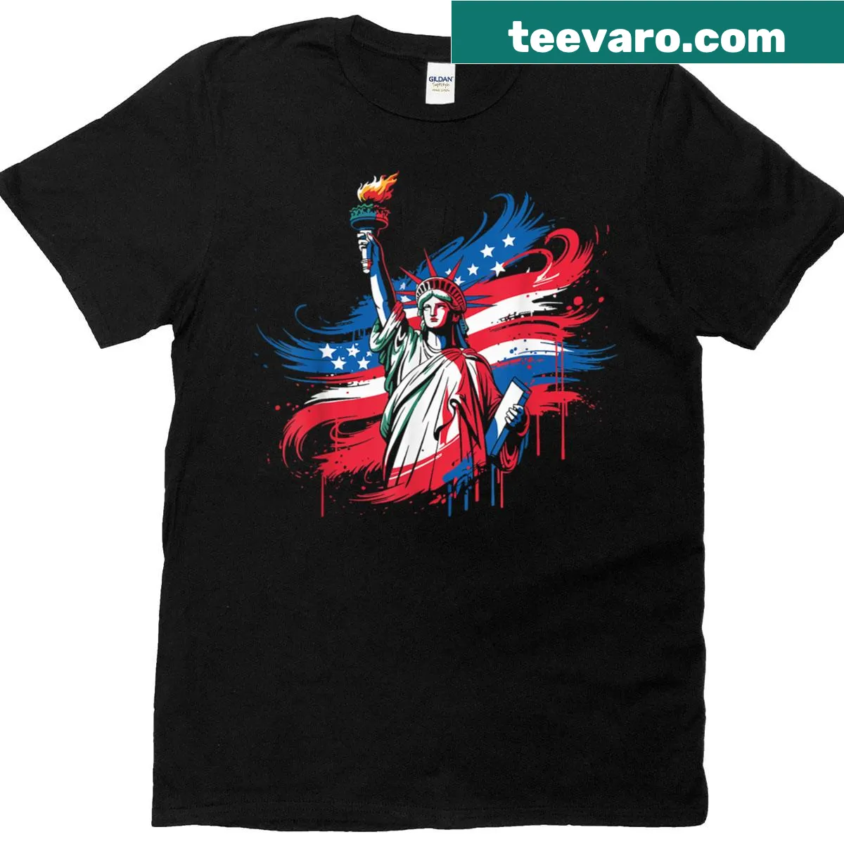 Statue of Liberty with USA flag illustration — on a men's t-shirt