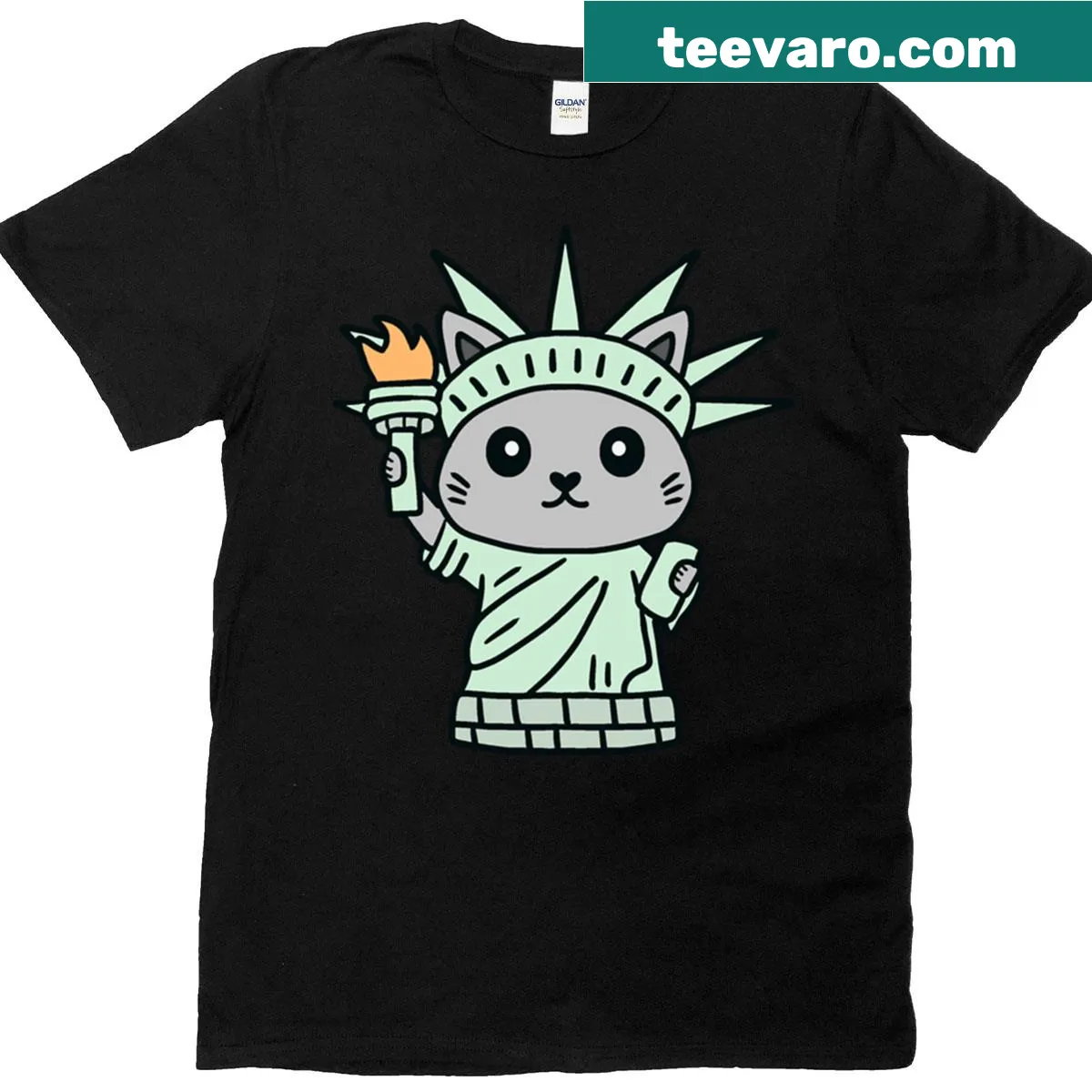 Illustration of a cat themed Statue of Liberty on a T-shirt — on a men's t-shirt