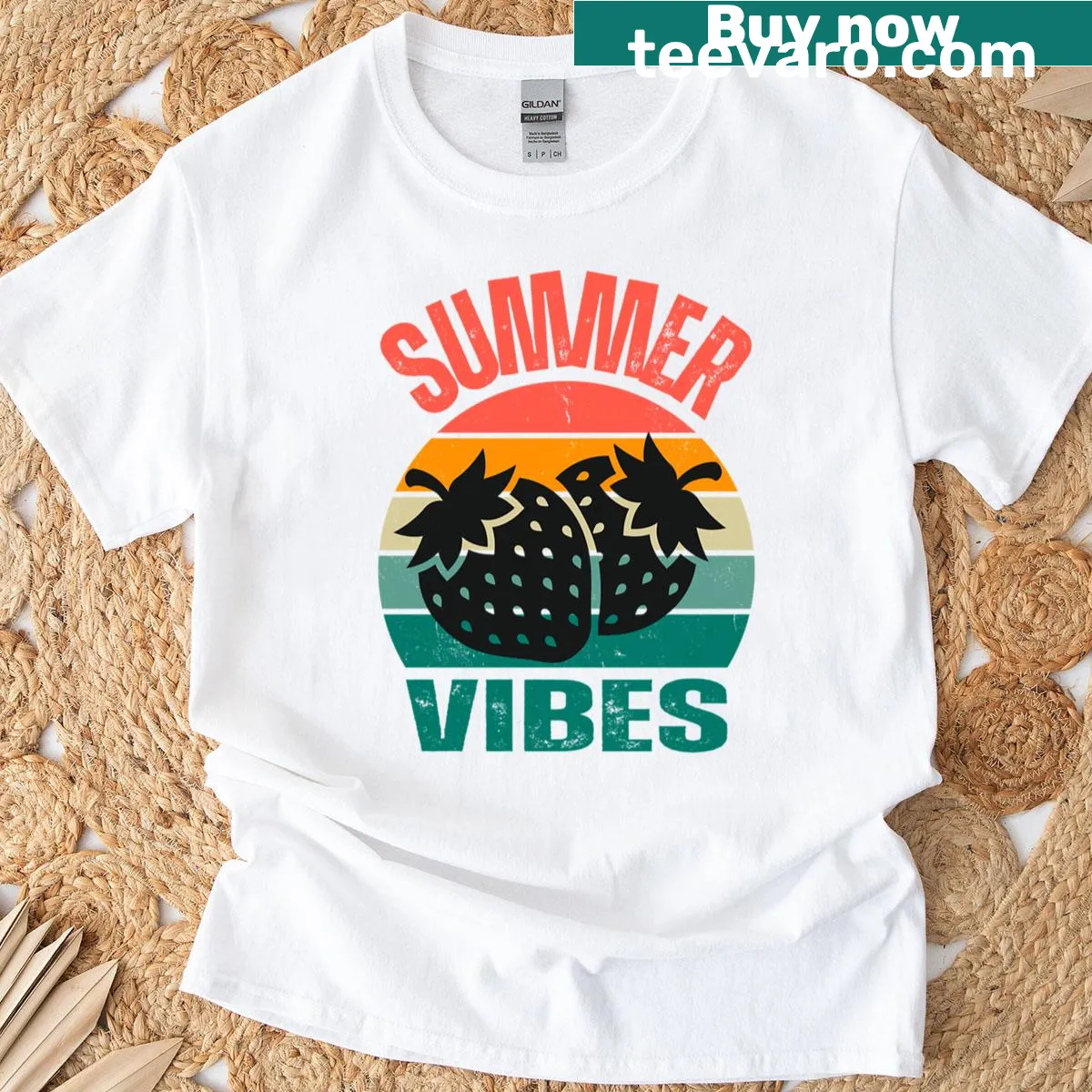 Illustrated strawberries and summer elements in a fun graphic — on a men's t-shirt