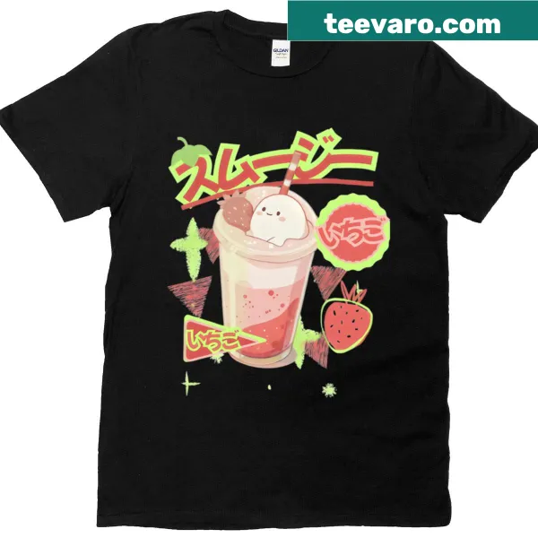 Cartoon character with strawberry smoothie illustration on a t-shirt