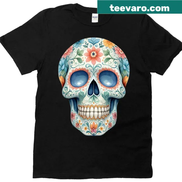 Intricate sugar skull design on a T-shirt