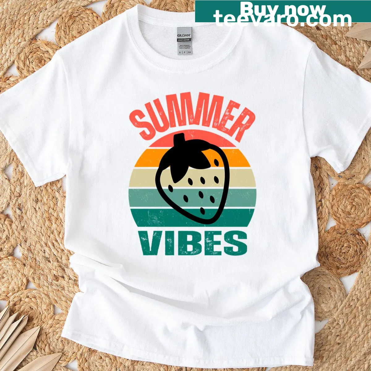 Cartoon-style t-shirt featuring strawberries and summer vibes — on a men's t-shirt