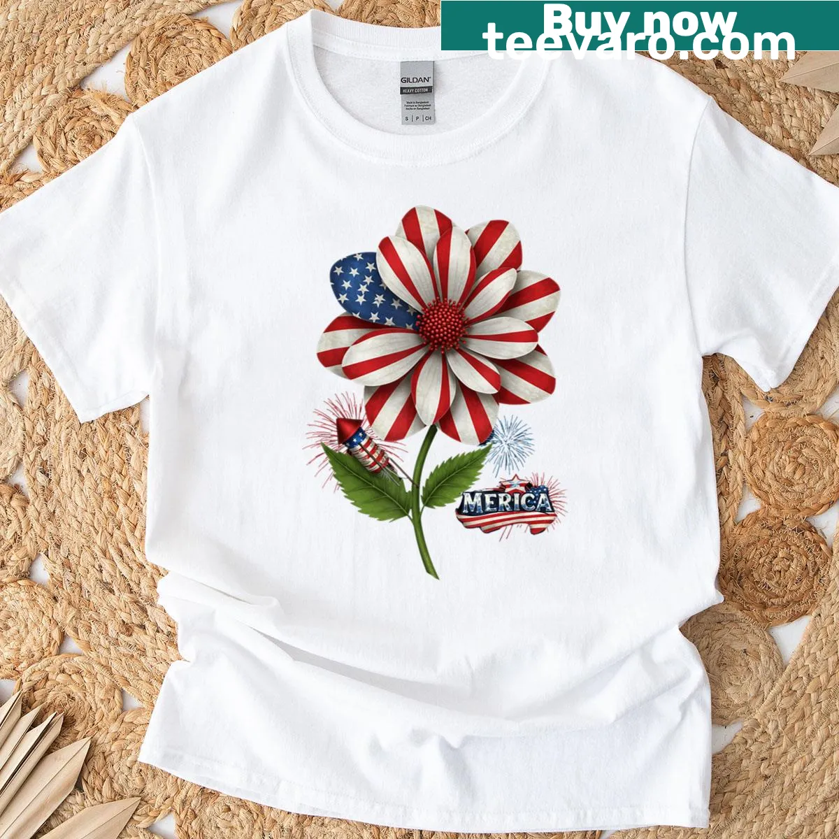 T-shirt featuring sunflower design with American flag elements — on a men's t-shirt