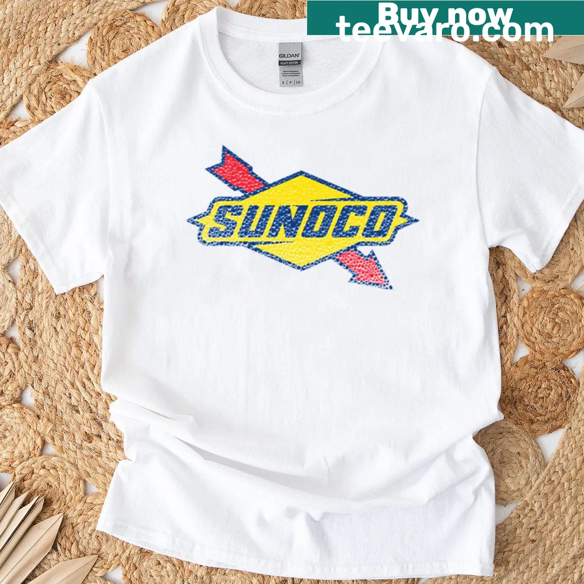 Vintage-style t-shirt with Sunoco Oil logo and soap bubbles — on a men's t-shirt