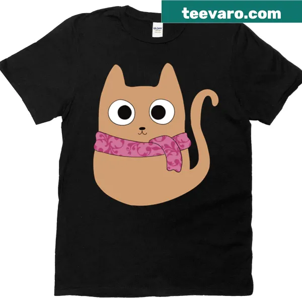 Illustration of a tan cat wearing a pink scarf on a T-shirt