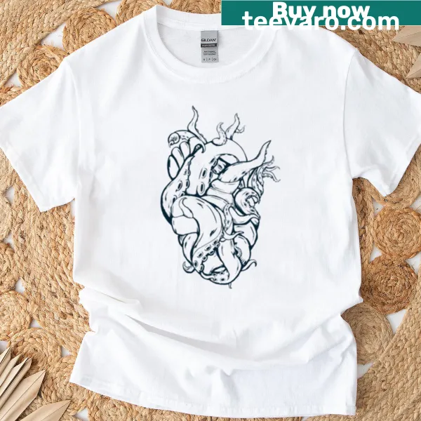 Line art T-shirt design featuring a heart and tentacles inspired by kraken