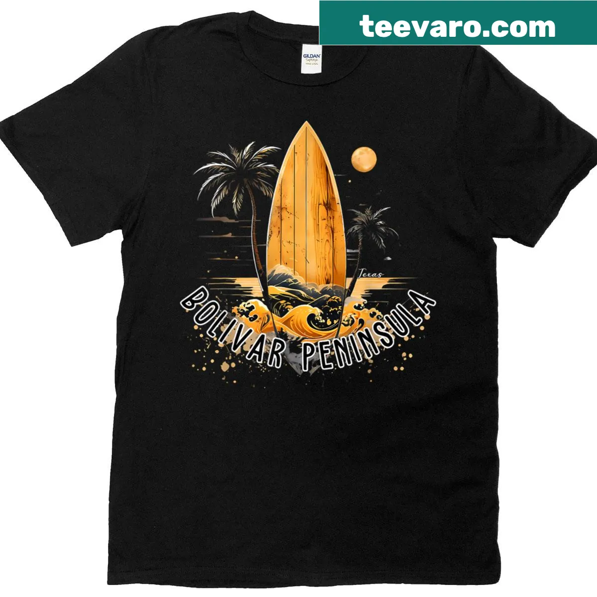 T-shirt depicting palm trees and surfers at Texas Bolivar Peninsula — on a men's t-shirt