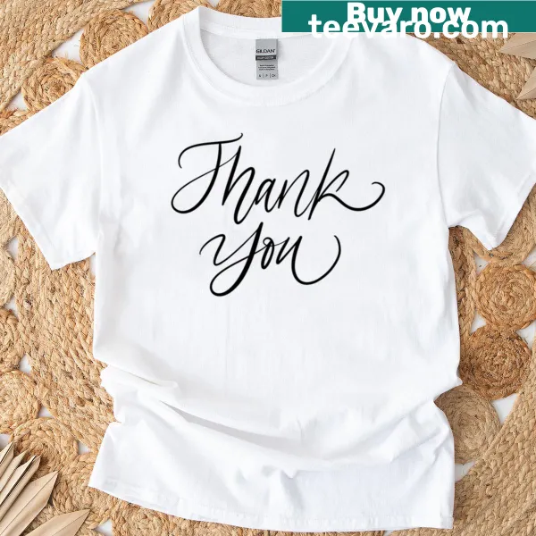 Minimalist T-shirt with a 'Thank You' design on a black tile background