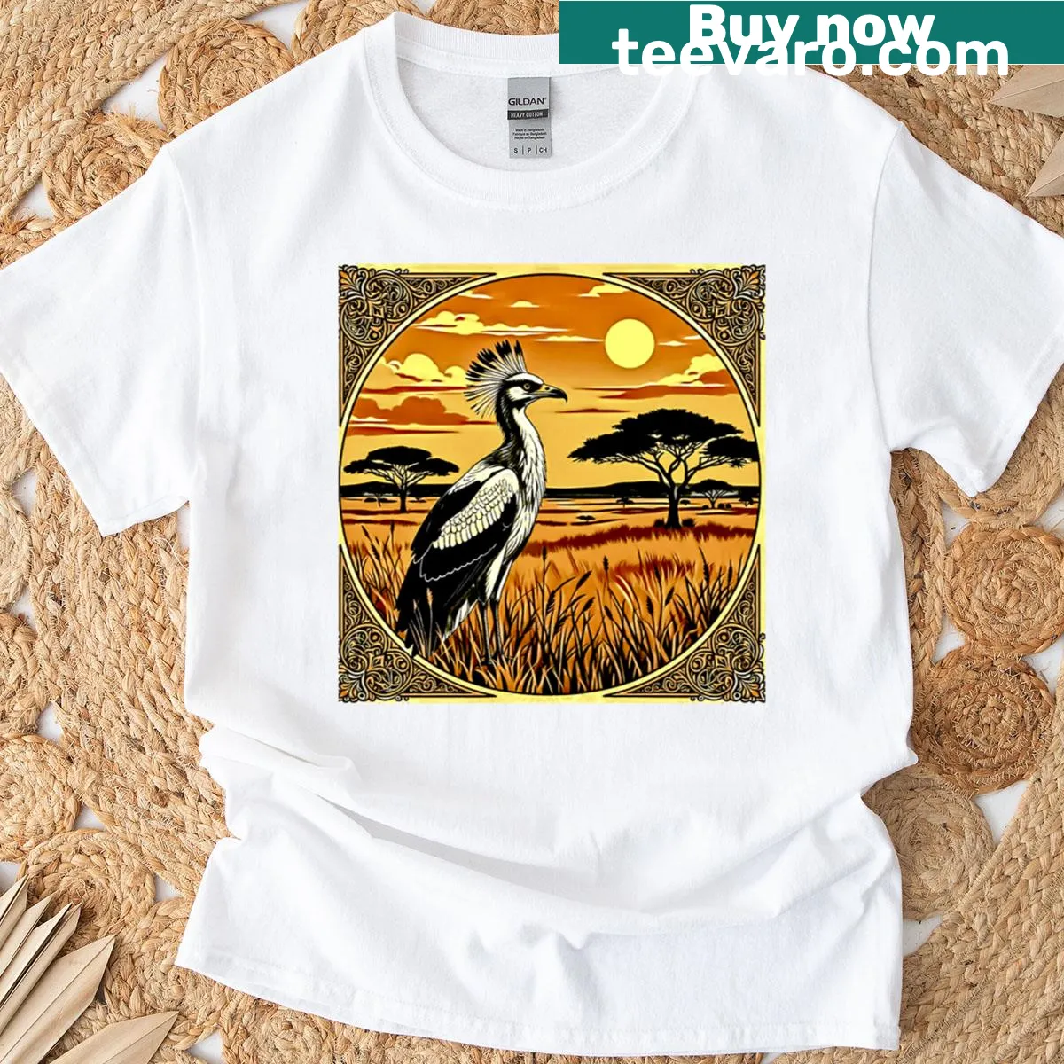 Illustration t-shirt featuring a secretarybird design — on a men's t-shirt