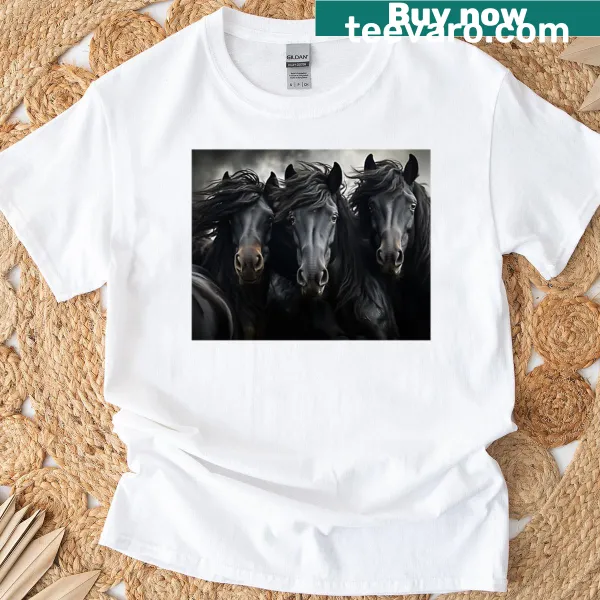 Illustrative t-shirt featuring three black horse stallions