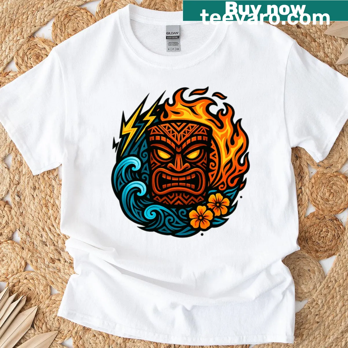 Tiki mask graphic t-shirt with tribal energy design — on a men's t-shirt