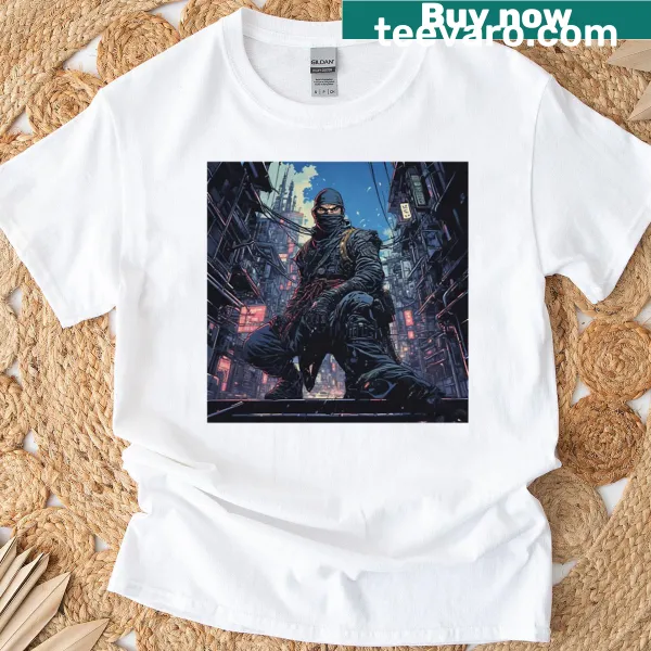 Futuristic ninja warrior graphic in a cyber city on a T-shirt
