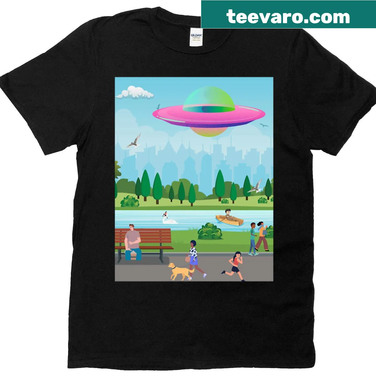 Cartoon UFO over a park scene on a humorous T-shirt — on a men's t-shirt