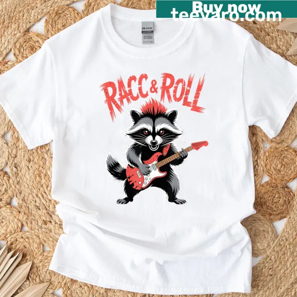 Cartoon raccoon playing guitar on a T-shirt