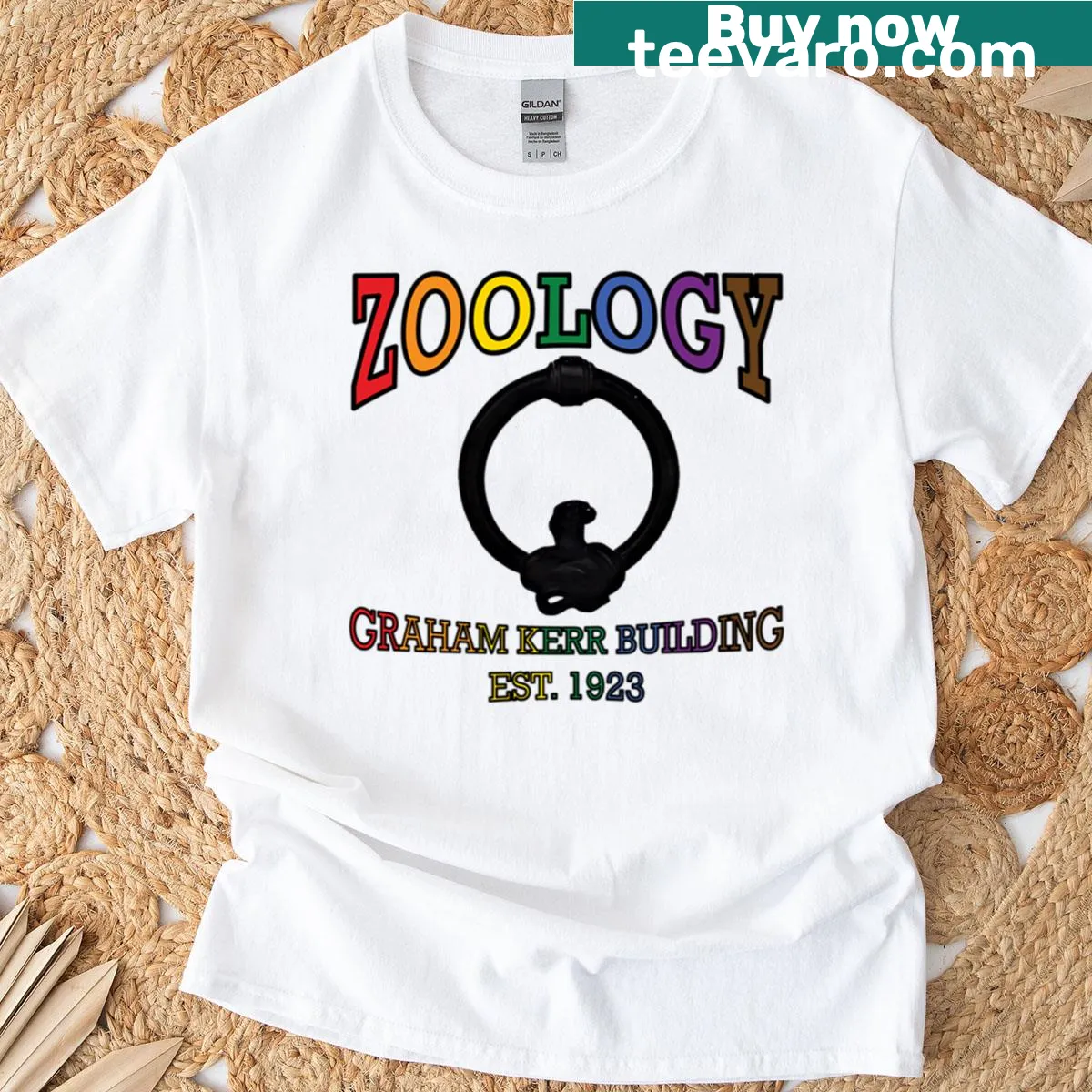 Zoology-themed T-shirt featuring a playful rainbow logo — on a men's t-shirt