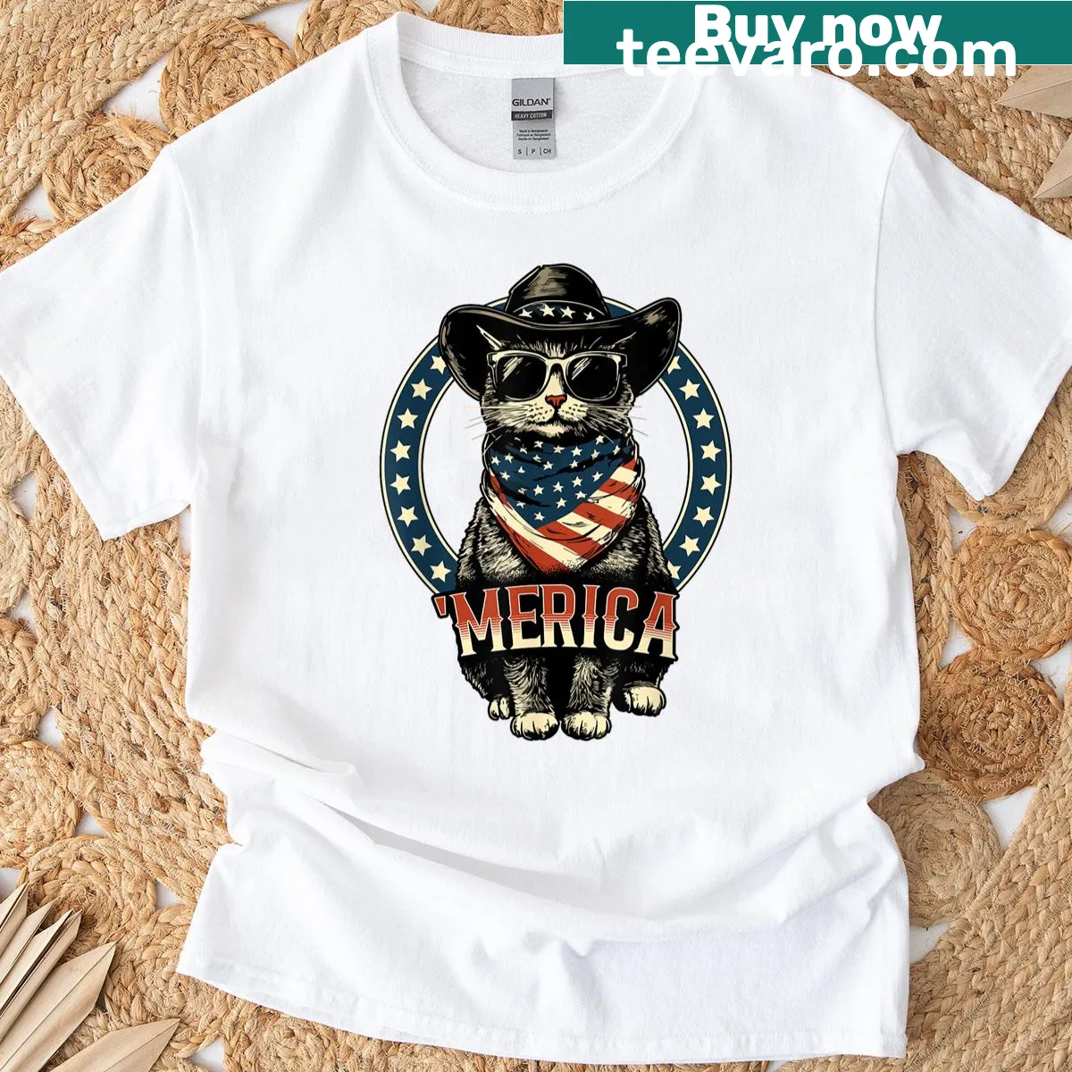 Funny cat graphic for Fourth of July on t-shirt — on a men's t-shirt