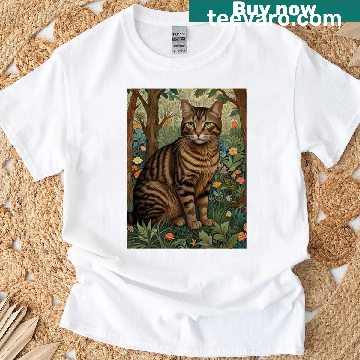 Art Nouveau cat graphic in a woodland setting on a vintage T-shirt — on a men's t-shirt