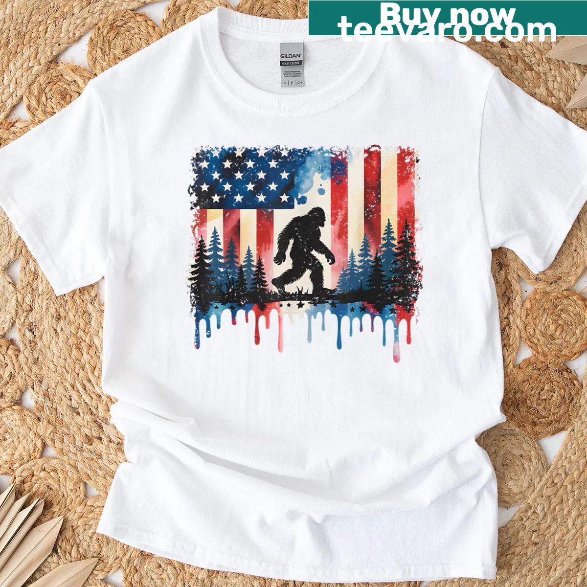 Bigfoot graphic on a vintage USA flag for July 4th — on a men's t-shirt