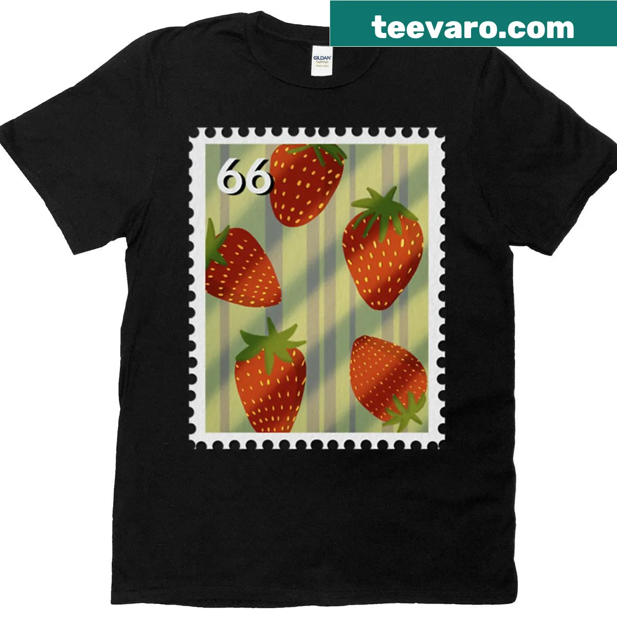 T-shirt with a vintage strawberry postage stamp design — on a men's t-shirt