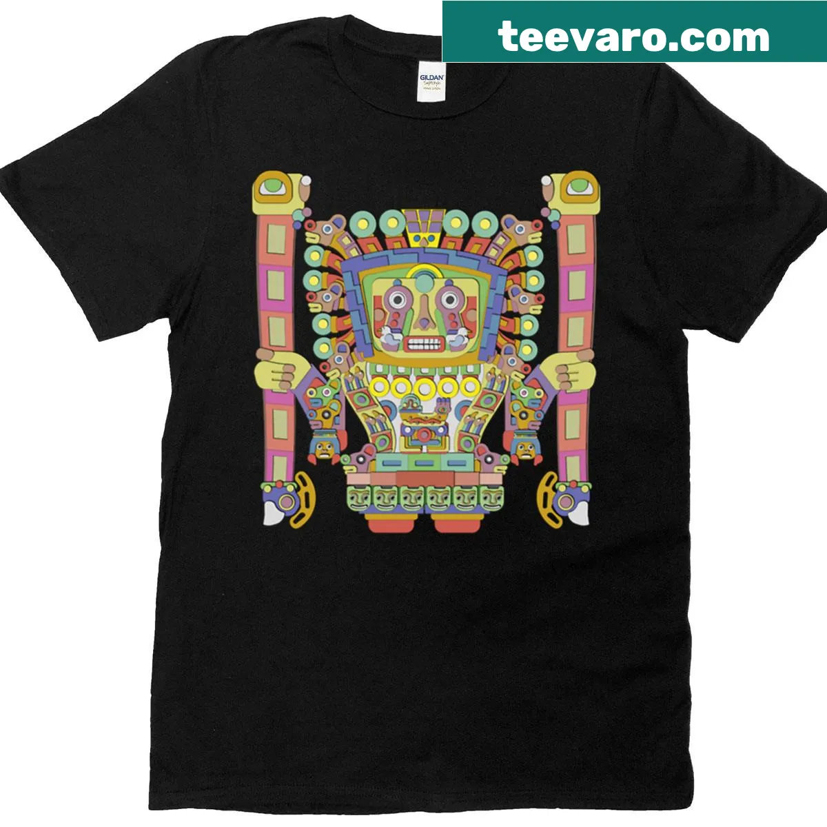 Minimalist t-shirt featuring a vector illustration of Viracocha — on a men's t-shirt
