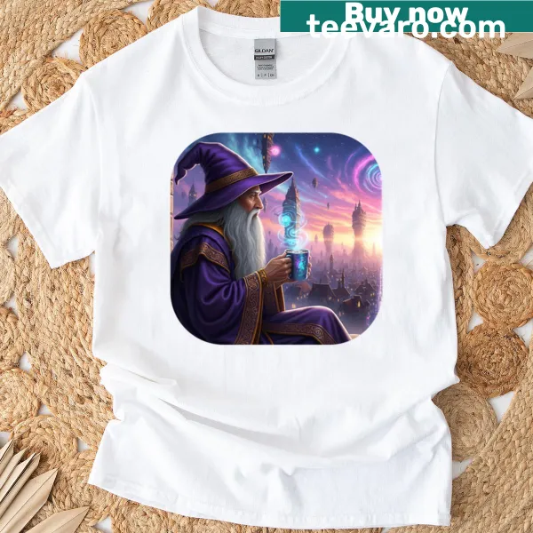 T-shirt featuring a wizard brewing coffee in a whimsical design