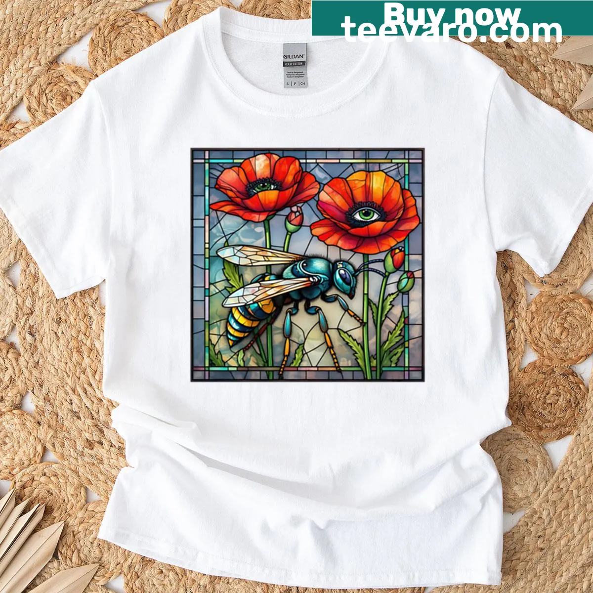 Artistic t-shirt featuring stained glass design of insects and poppy flower — on a men's t-shirt