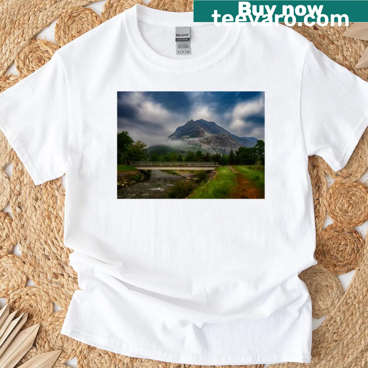 Scenic illustration of Waterton Lakes National Park on a T-shirt — on a men's t-shirt