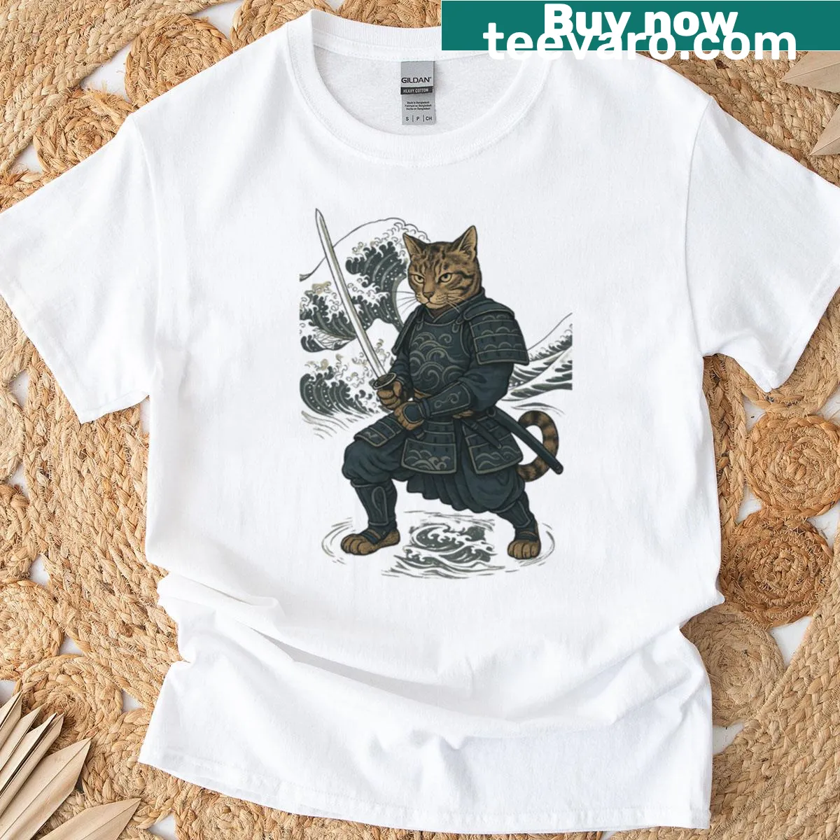 Ukiyo-e style graphic of a samurai cat with a wave-blade. — on a men's t-shirt