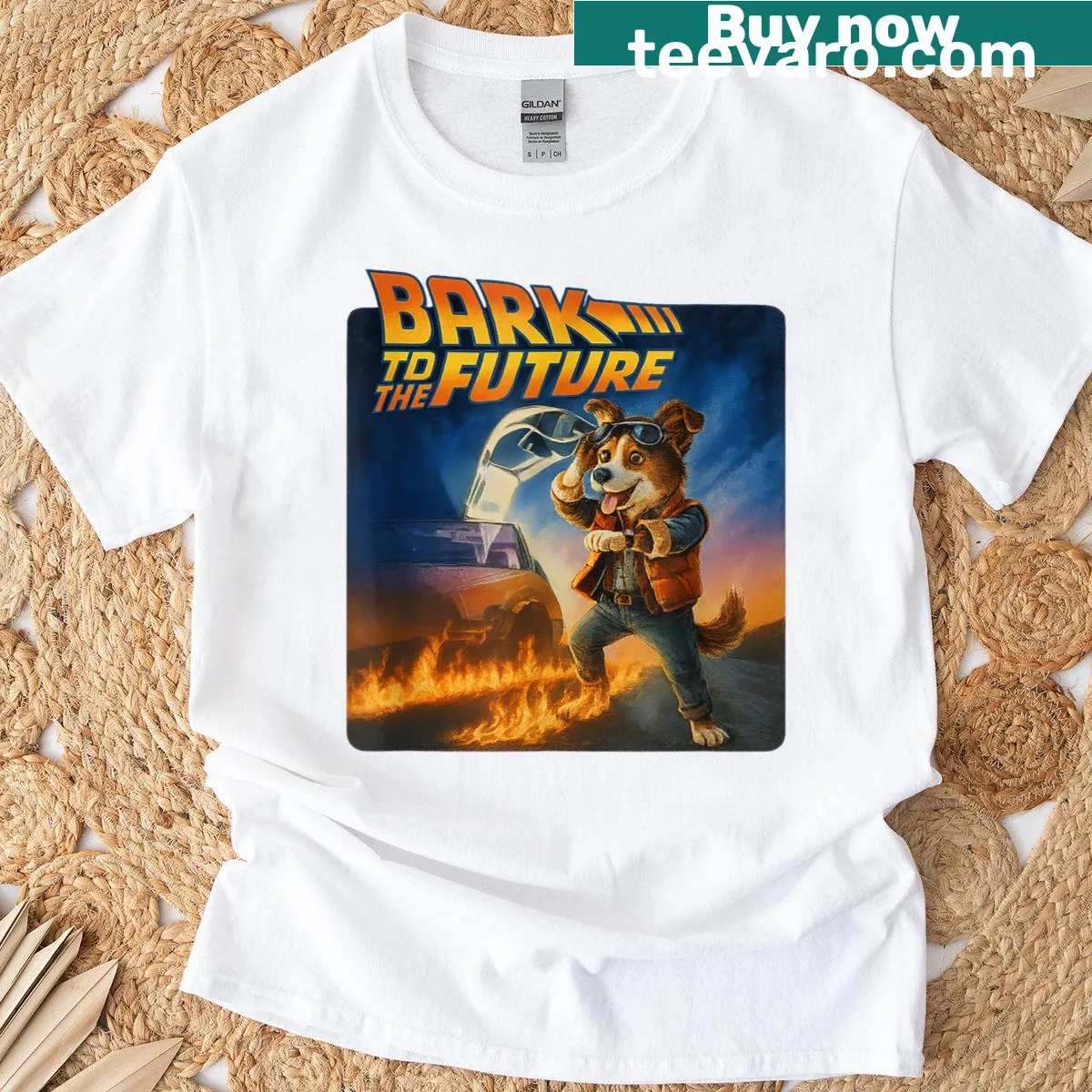 Cartoon graphic of a time-traveling dog adventure — on a men's t-shirt