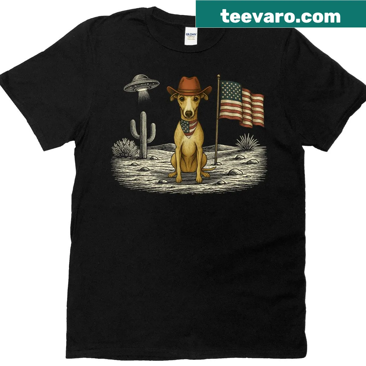 Whippet T-shirt with American flag design featuring a proud dog — on a men's t-shirt