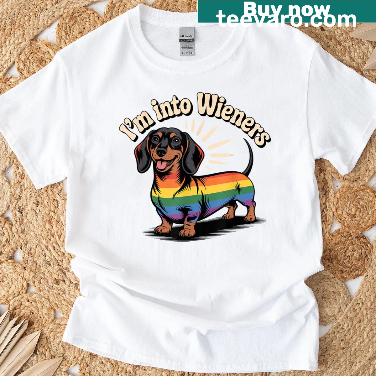 Illustrated T-shirt featuring a wiener dog with pride colors — on a men's t-shirt