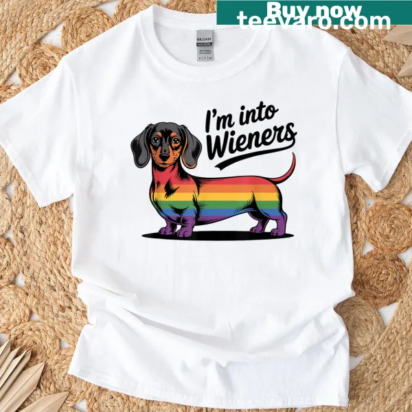 LGBTQ pride T-shirt featuring a joyful wiener dog