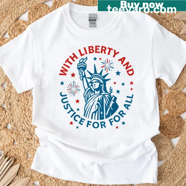 Graphic representing liberty and justice on T-shirt for July 4th