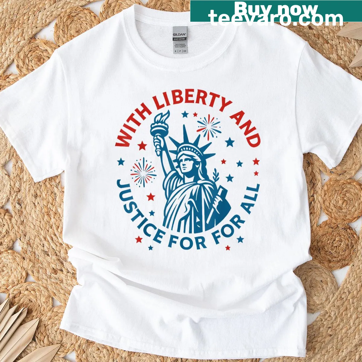 Graphic representing liberty and justice on T-shirt for July 4th — on a men's t-shirt
