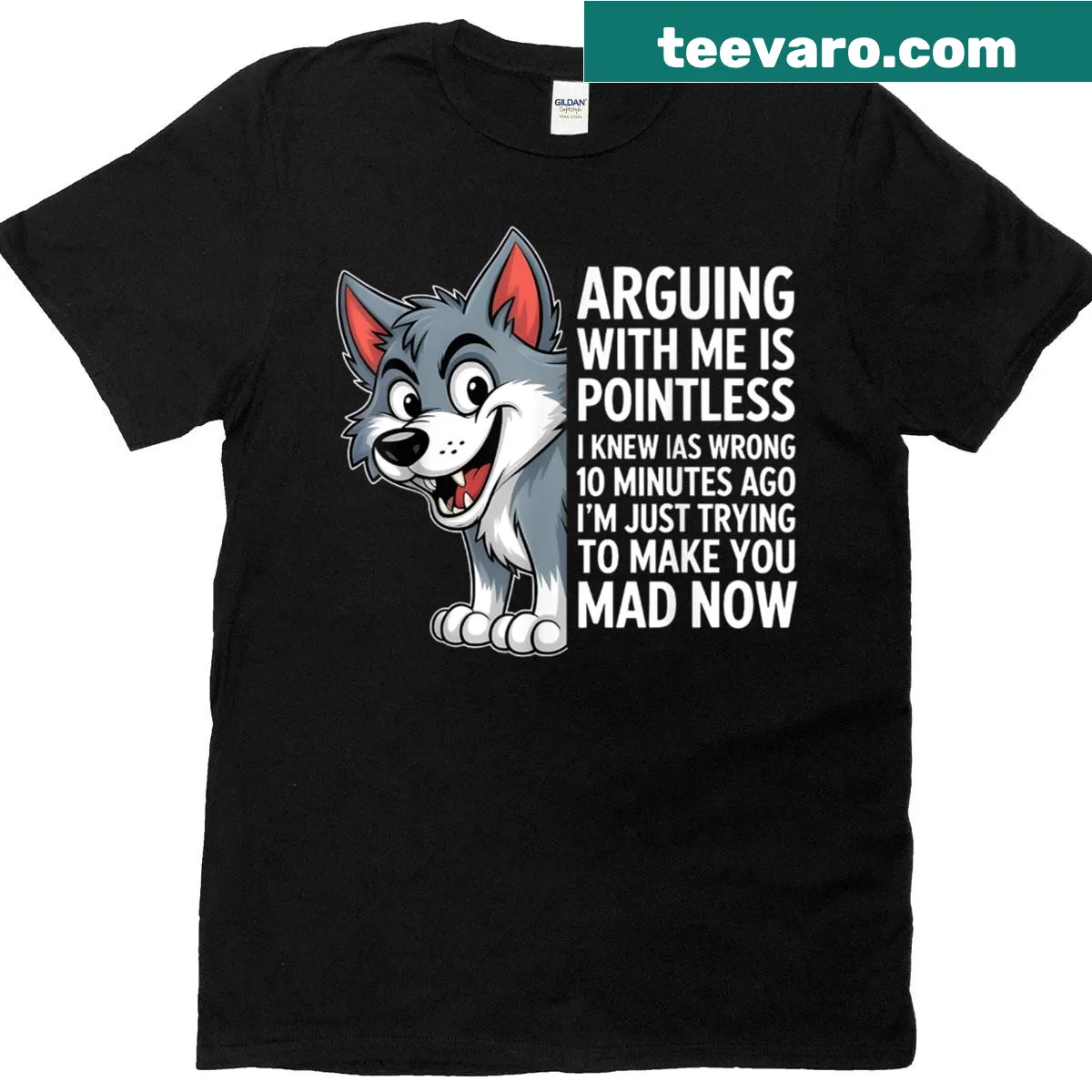 Edgy T-shirt featuring the phrase about arguing with a wolf — on a men's t-shirt