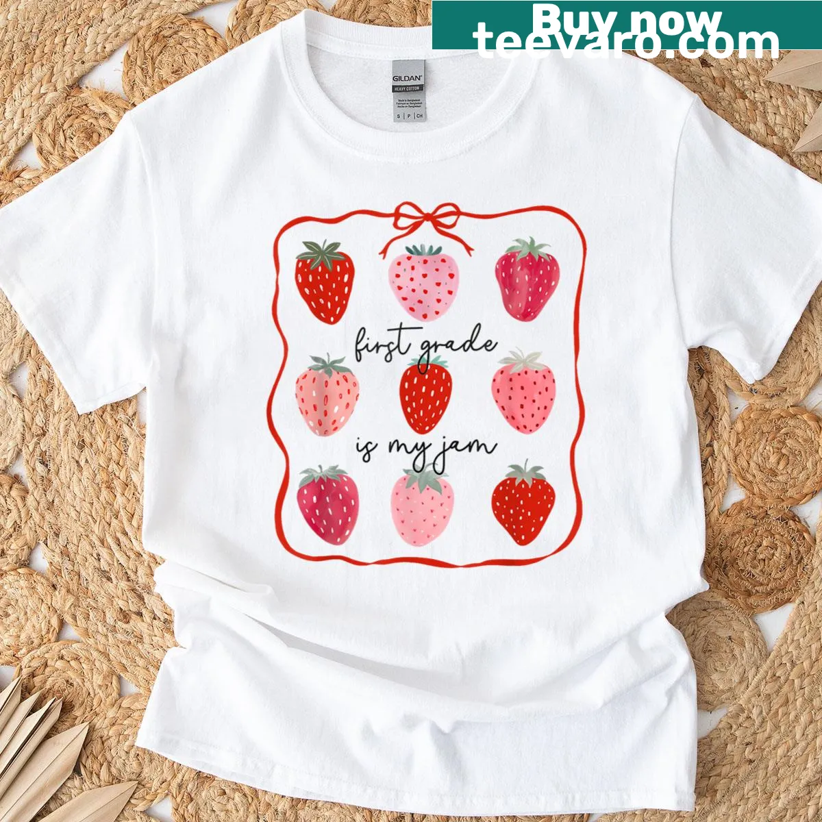 Strawberry graphic with 'First Grade Is My Jam' on T-shirt — on a men's t-shirt