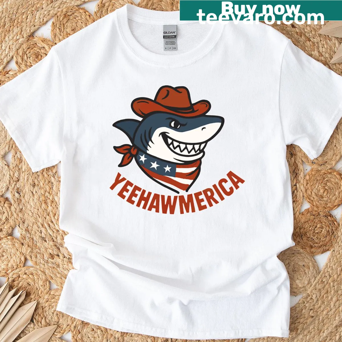 Shark design with American flag for fishing lovers T-shirt — on a men's t-shirt