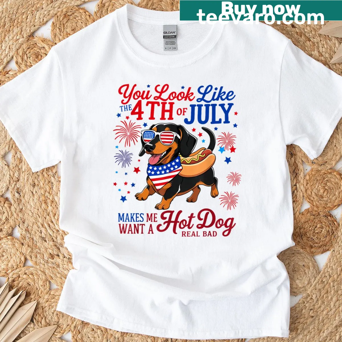 Fourth of July themed T-shirt with a humorous hot dog quote — on a men's t-shirt