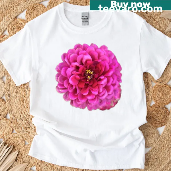 Artistic Zinnia Elegans design on a pink t-shirt