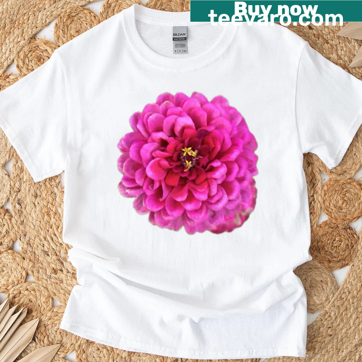 Artistic Zinnia Elegans design on a pink t-shirt — on a men's t-shirt