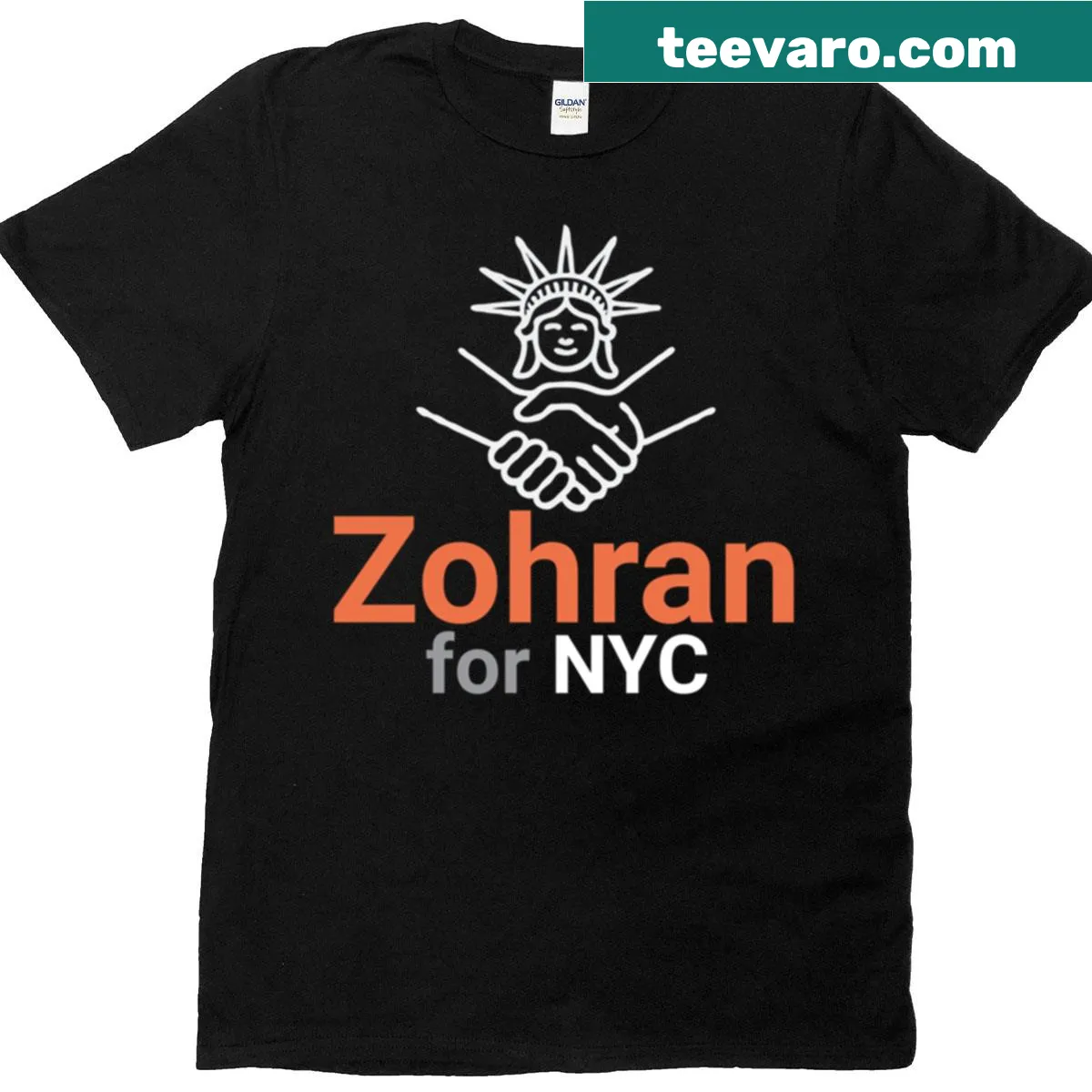 Statue of Liberty handshake graphic on a political tee — on a men's t-shirt