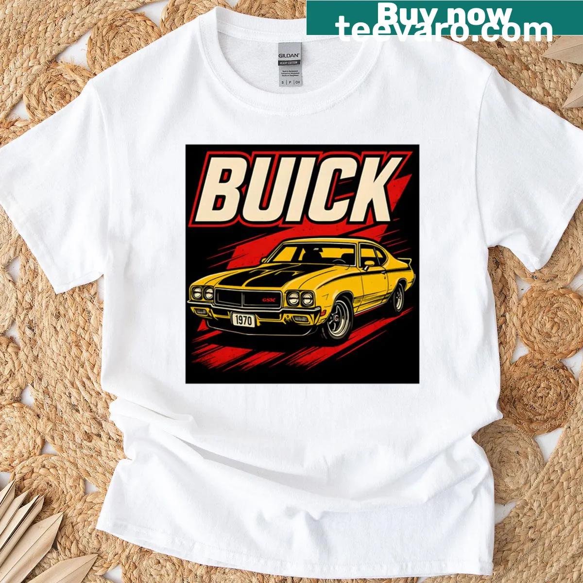 Illustration of a 1970 Buick GSX on a T-shirt. — on a men's t-shirt
