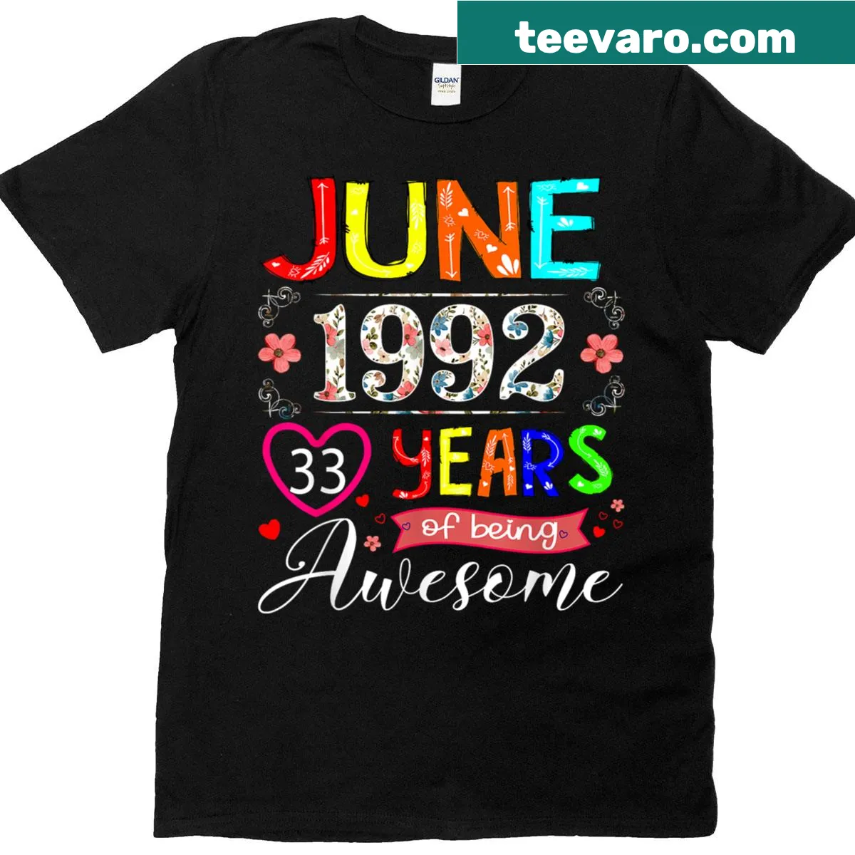 Floral graphic celebrating 33rd birthday on a T-shirt — on a men's t-shirt
