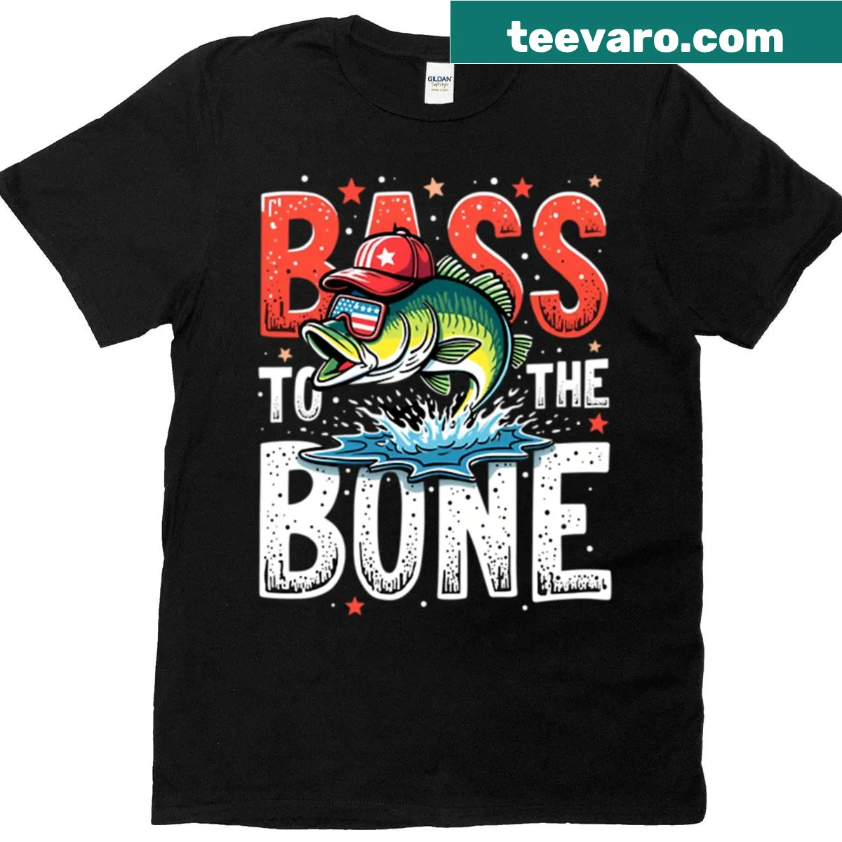 Funny Bass To The Bone t-shirt with fishing design — on a men's t-shirt