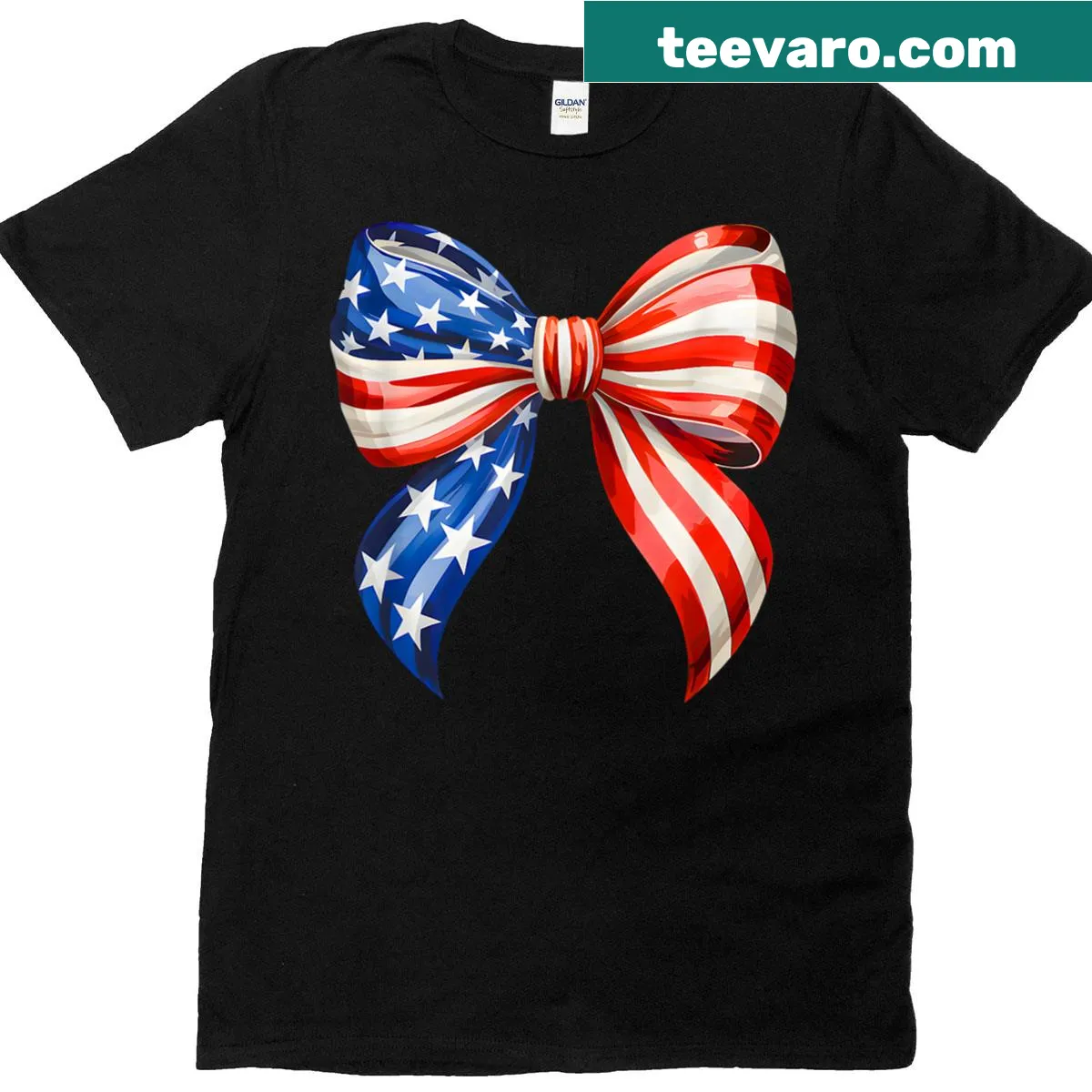 Coquette bow and American flag design on women's Fourth of July t-shirt — on a men's t-shirt