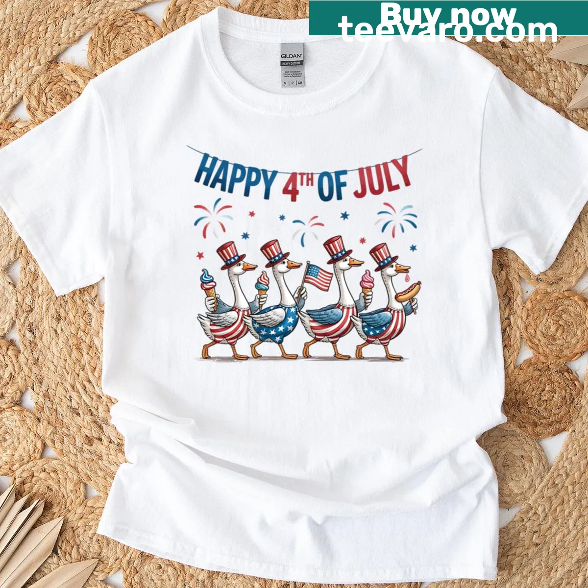 Cartoon goose parade design for a patriotic T-shirt — on a men's t-shirt