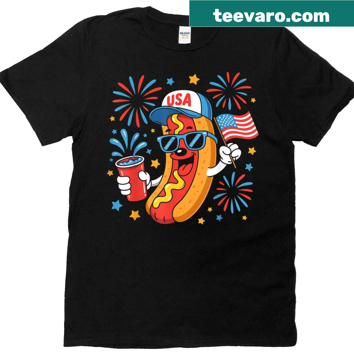 Patriotic hotdog graphic for 4th of July t-shirt — on a men's t-shirt