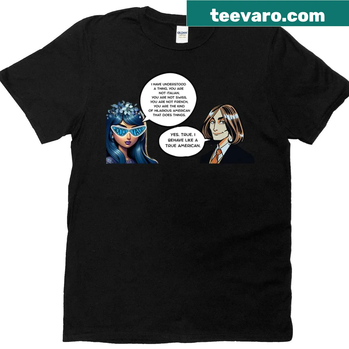 Patriotic T-shirt with text 'American In Each Thing' — on a men's t-shirt
