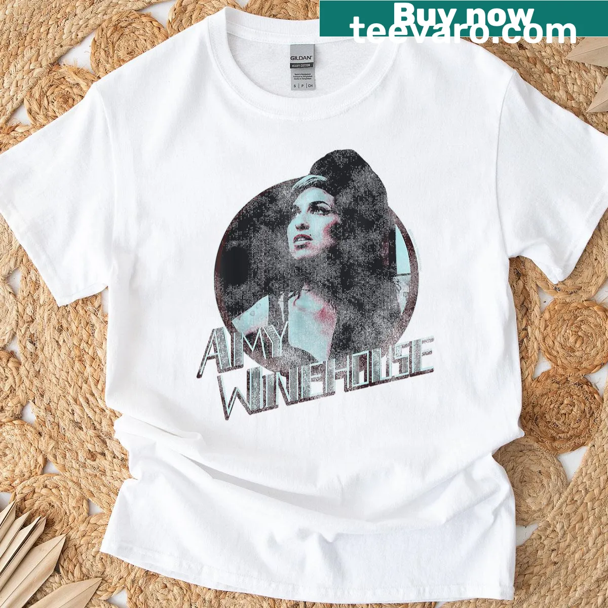 Illustrated circle art T-shirt honoring Amy Winehouse and her music — on a men's t-shirt