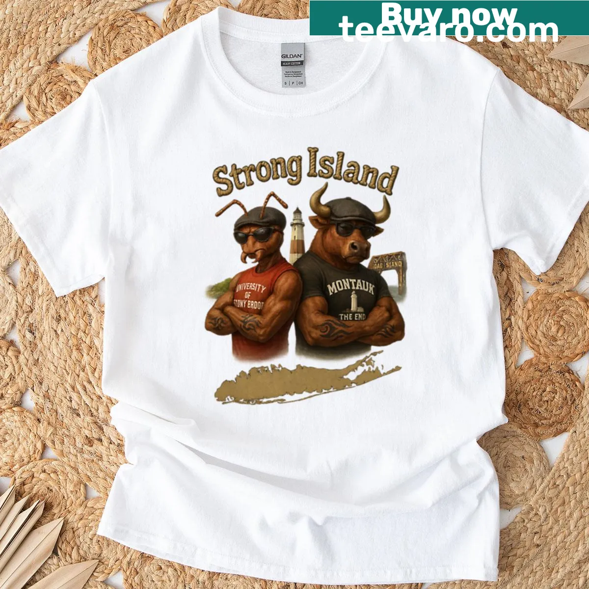 Illustrated ant and ox graphic on a casual t-shirt. — on a men's t-shirt